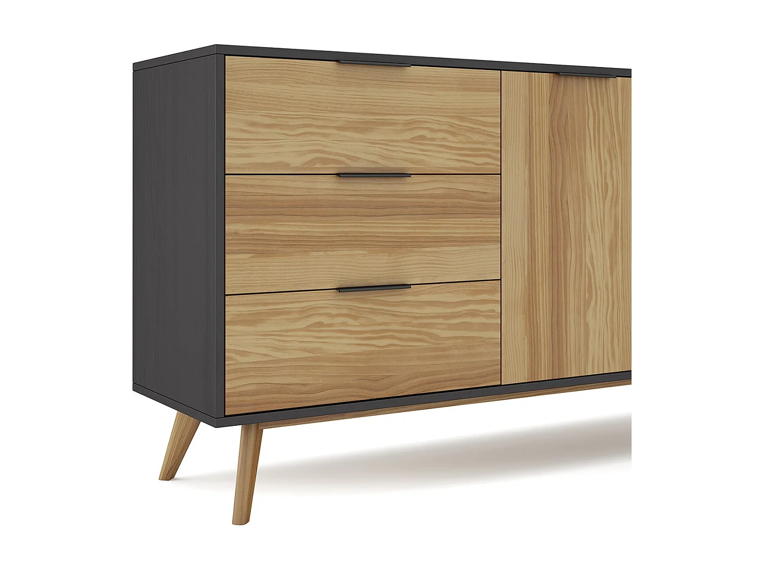 Buffet 2 portes 3 tiroirs en pin massif / noir 140 cm - Timeo