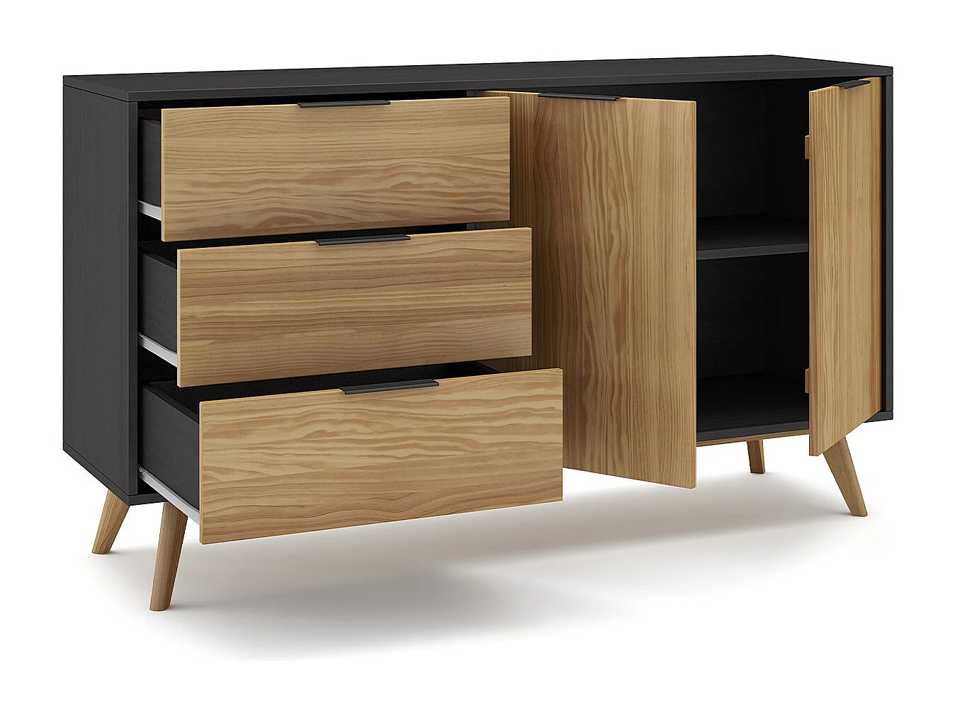 Buffet 2 portes 3 tiroirs en pin massif / noir 140 cm - Timeo