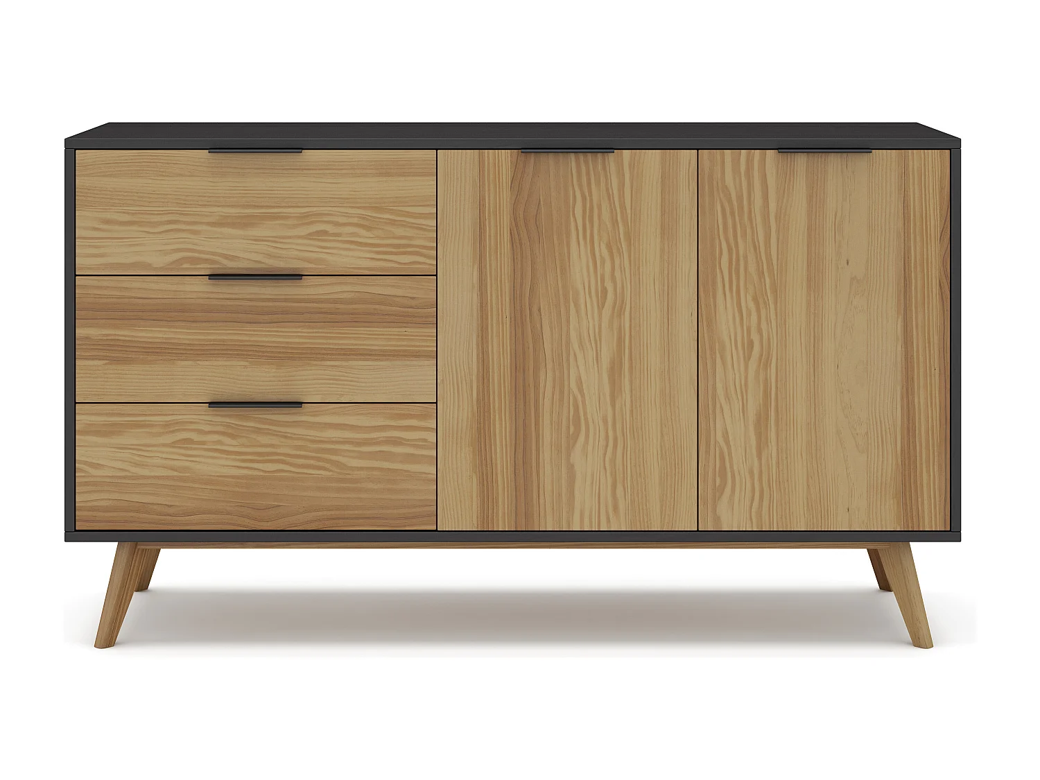 Buffet 2 portes 3 tiroirs en pin massif / noir 140 cm - Timeo