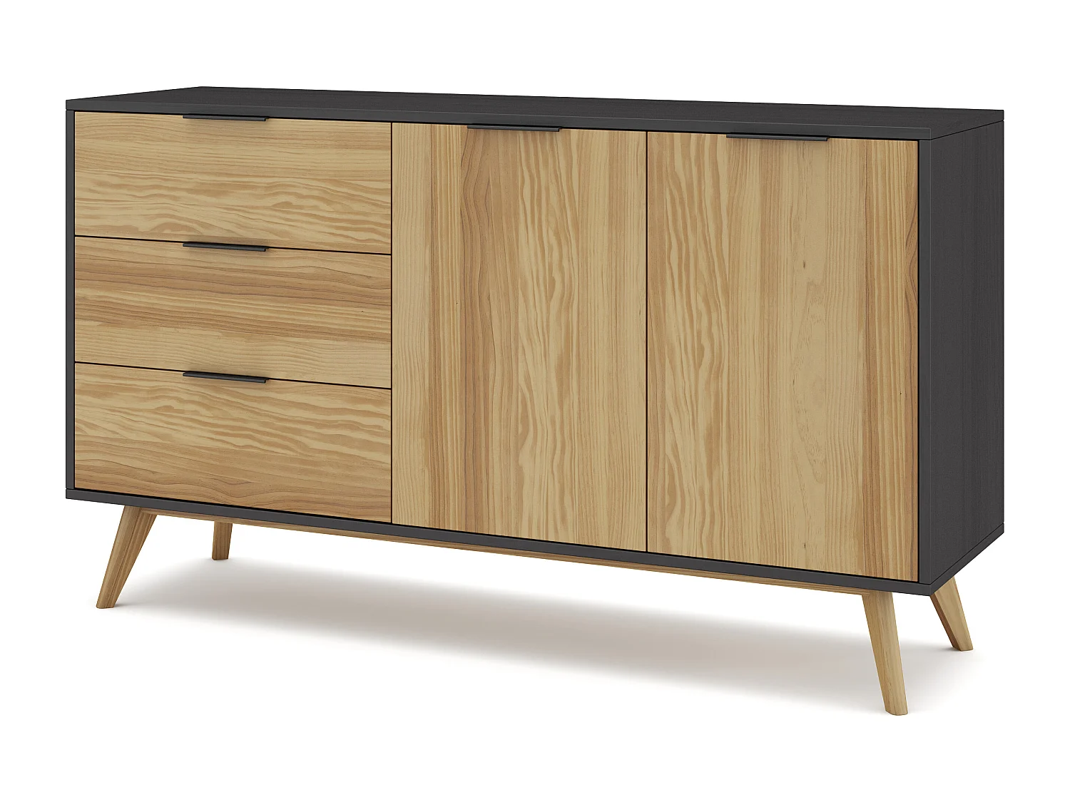 Buffet 2 portes 3 tiroirs en pin massif / noir 140 cm - Timeo