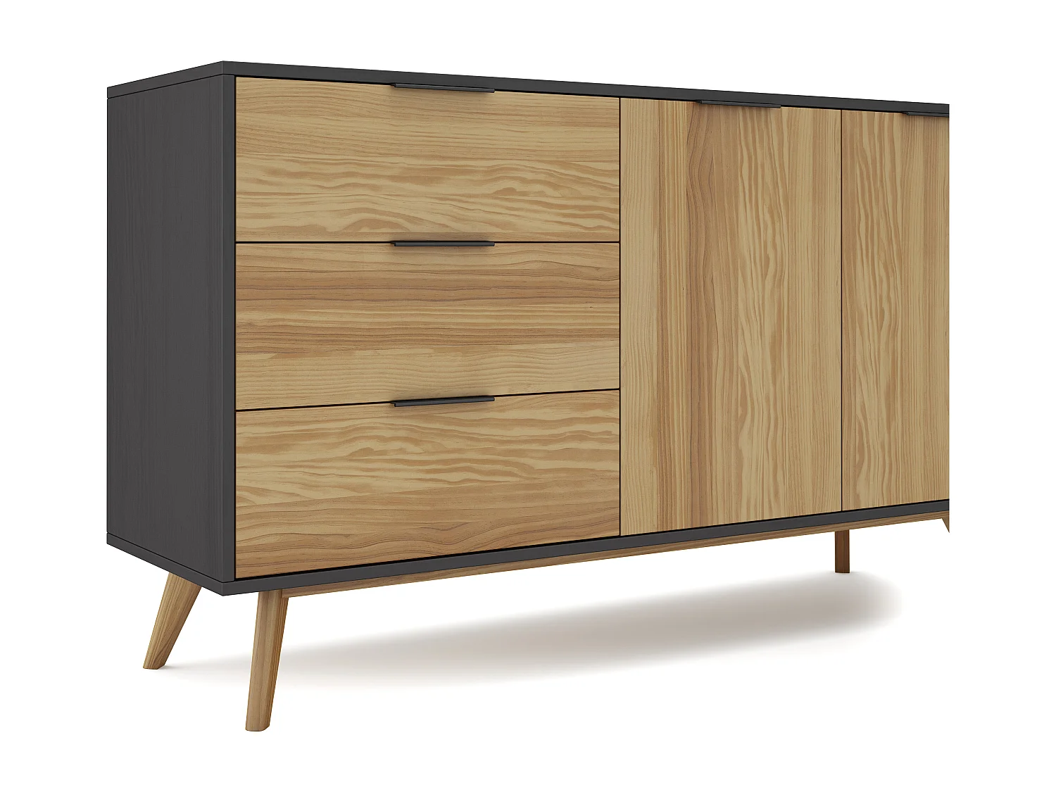 Buffet 2 portes 3 tiroirs en pin massif / noir 140 cm - Timeo