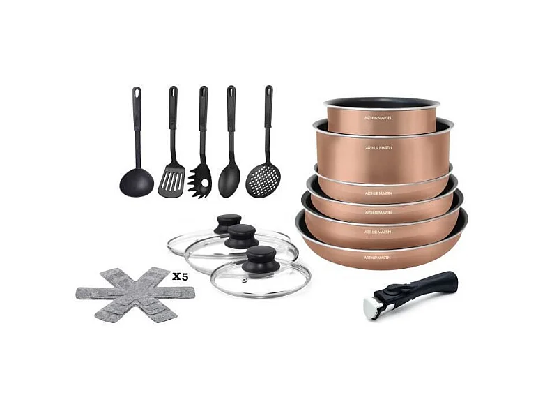 Arthur Martin 20-teiliges Aluminium-Kochgeschirr-Set mit abnehmbarem Griff und für alle Herdarten einschließlich Induktion geeignet