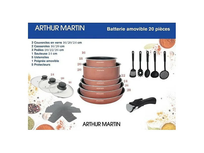 Arthur Martin 20-teiliges Aluminium-Kochgeschirr-Set mit abnehmbarem Griff und für alle Herdarten einschließlich Induktion geeignet