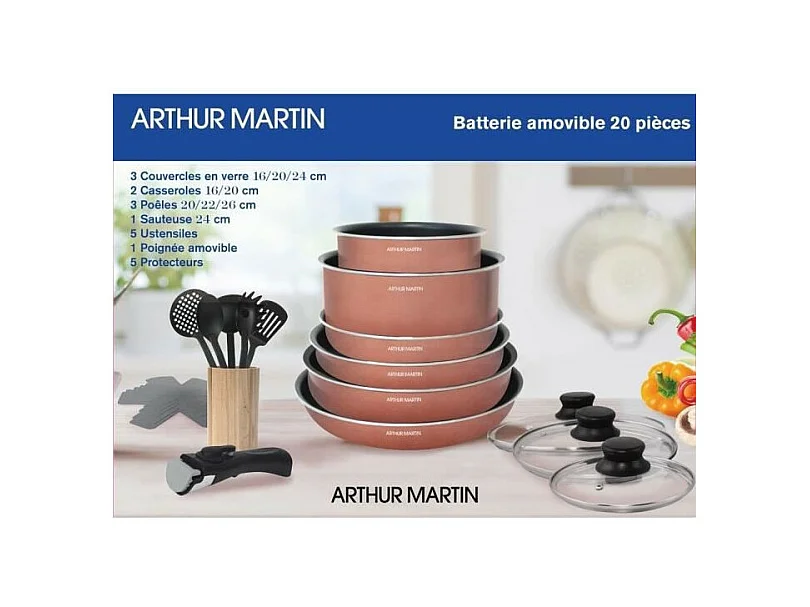 Arthur Martin 20-teiliges Aluminium-Kochgeschirr-Set mit abnehmbarem Griff und für alle Herdarten einschließlich Induktion geeignet