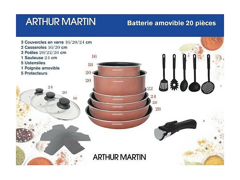 Batterie de cuisine 20 pieces Arthur Martin - aluminium - poignée amovible - tous feux dont induction