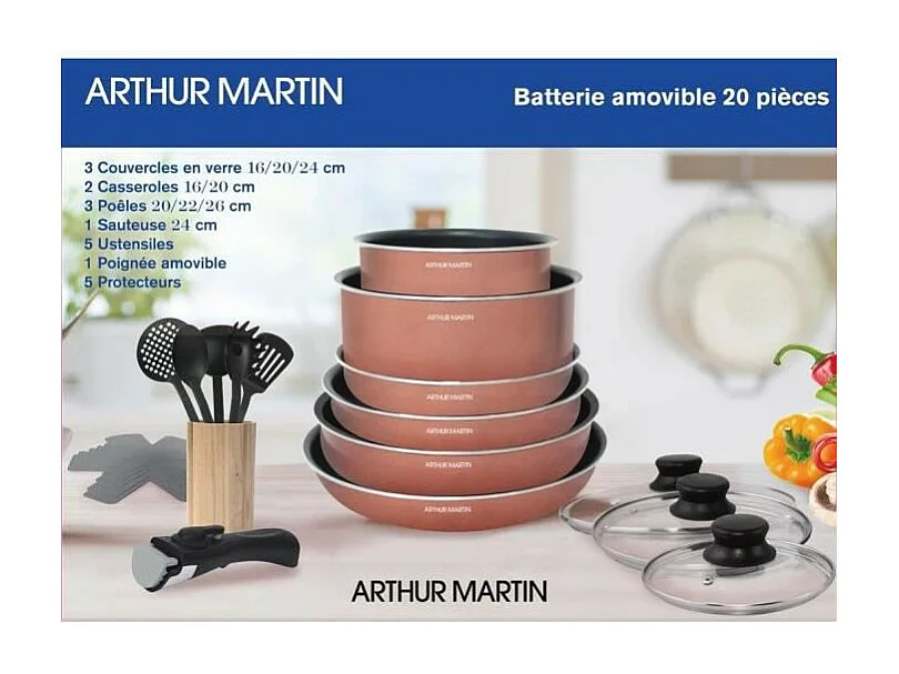 Batterie de cuisine 20 pieces Arthur Martin - aluminium - poignée amovible - tous feux dont induction