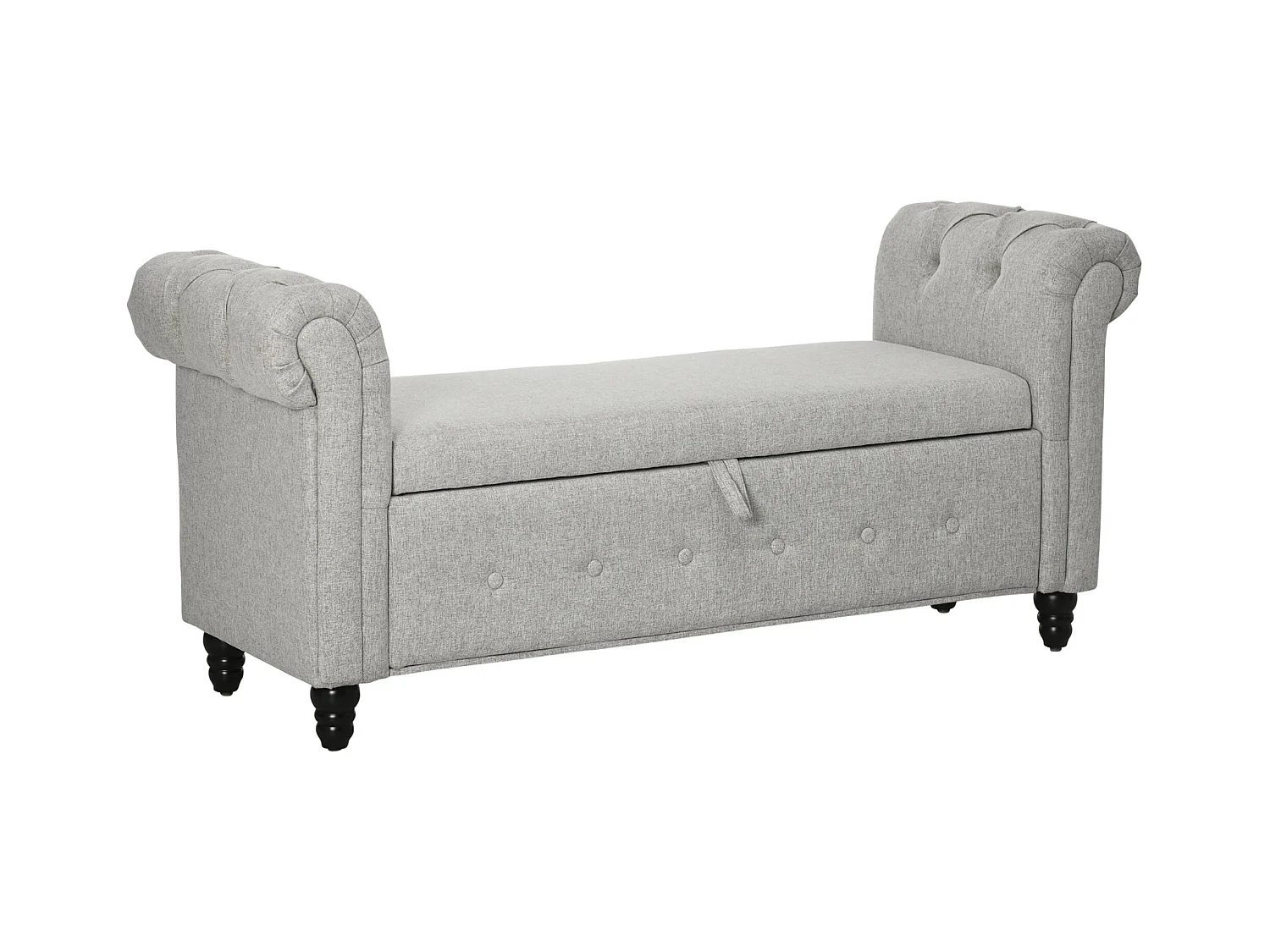 Banquette coffre de rangement 2 en 1 design Chesterfield accoudoirs courbés capitonnés piètement bois noir aspect lin gris