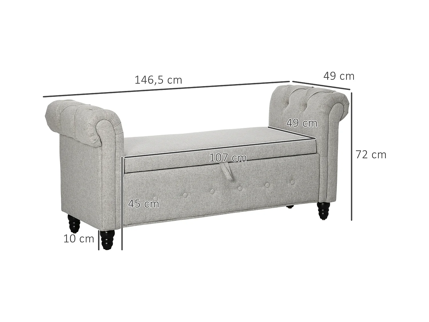 Banquette coffre de rangement 2 en 1 design Chesterfield accoudoirs courbés capitonnés piètement bois noir aspect lin gris