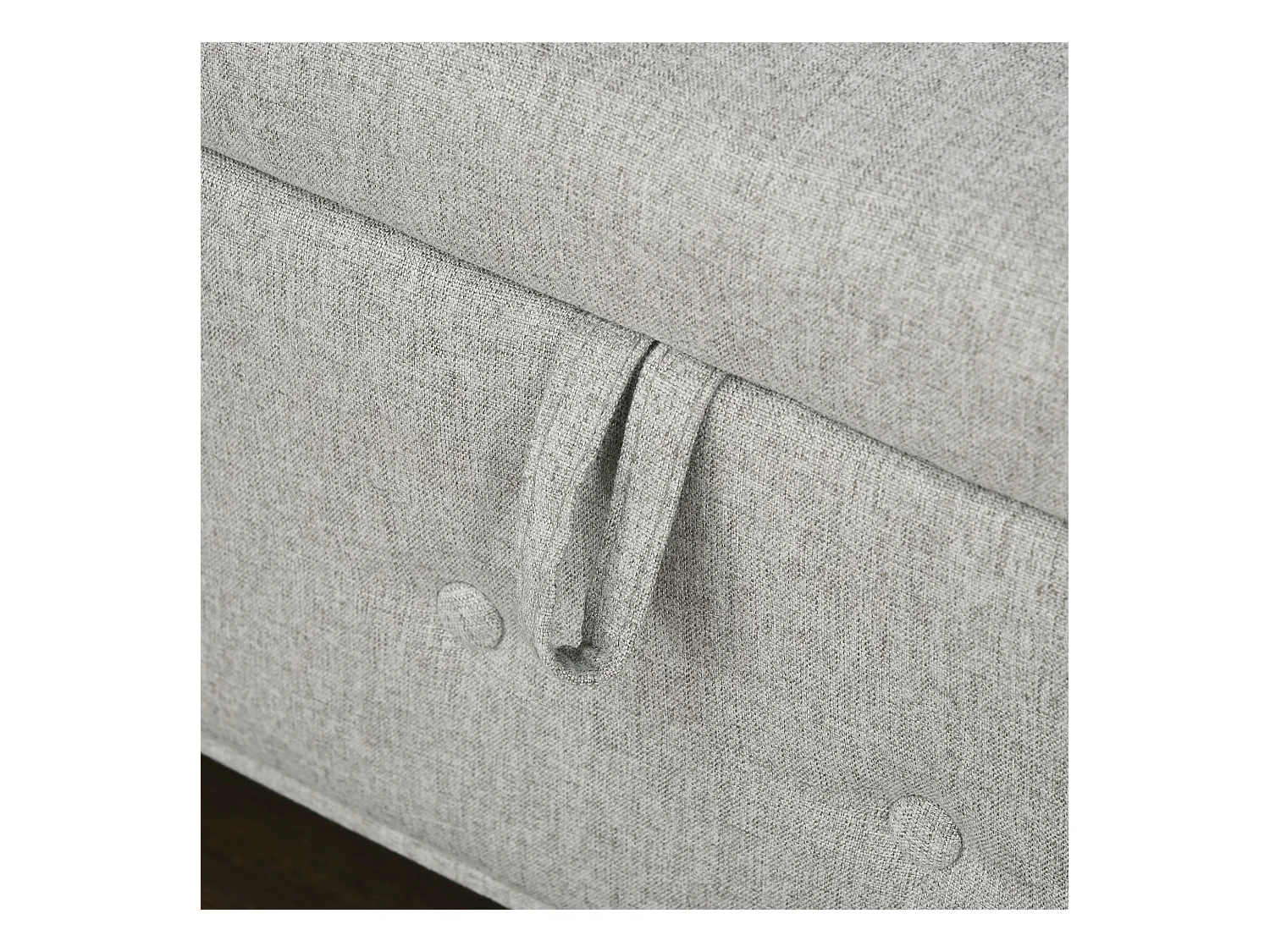 Banquette coffre de rangement 2 en 1 design Chesterfield accoudoirs courbés capitonnés piètement bois noir aspect lin gris