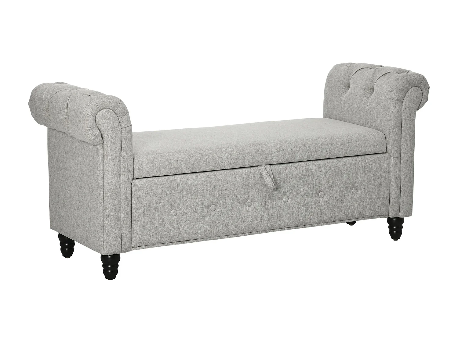 Banquette coffre de rangement 2 en 1 design Chesterfield accoudoirs courbés capitonnés piètement bois noir aspect lin gris