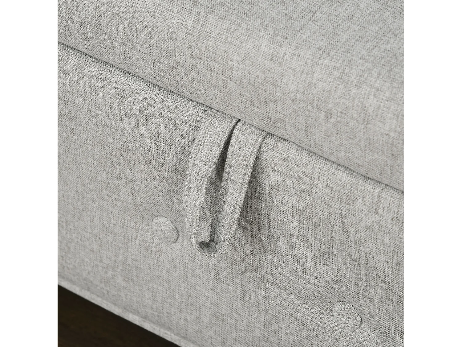 Banquette coffre de rangement 2 en 1 design Chesterfield accoudoirs courbés capitonnés piètement bois noir aspect lin gris