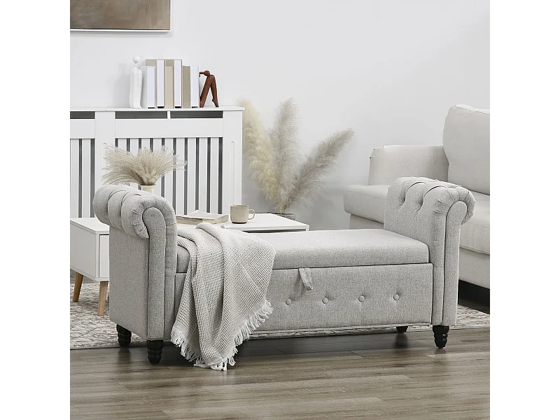 Banquette coffre de rangement 2 en 1 design Chesterfield accoudoirs courbés capitonnés piètement bois noir aspect lin gris