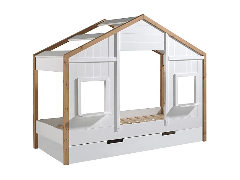 PONGO - Lit Maison 90x200cm Blanc et Pin à 2 Fenêtres + Tiroir