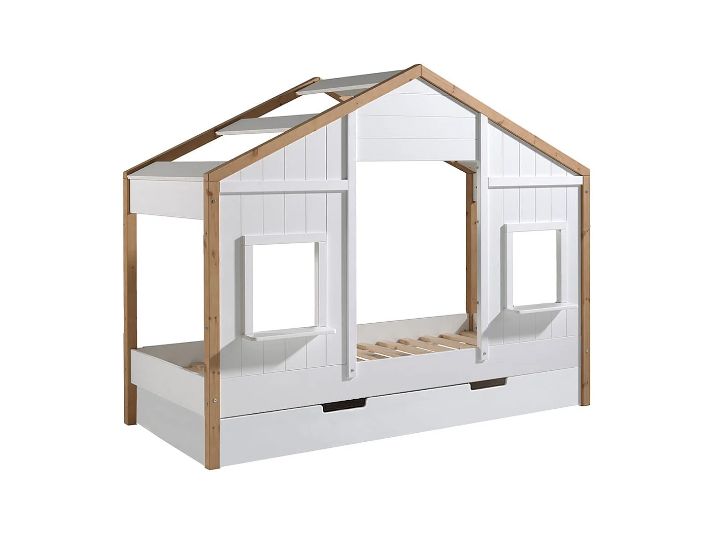 PONGO - Lit Maison 90x200cm Blanc et Pin à 2 Fenêtres + Tiroir