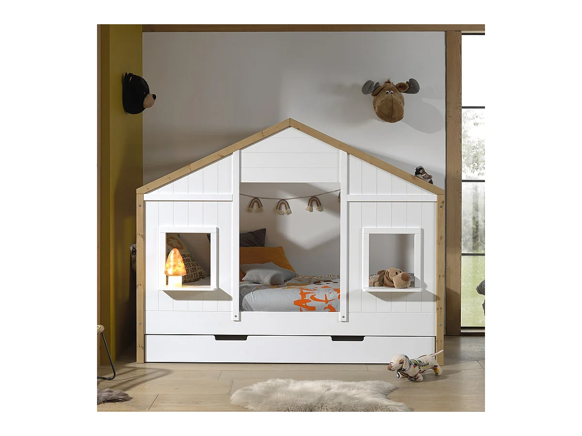 PONGO - Lit Maison 90x200cm Blanc et Pin à 2 Fenêtres + Tiroir