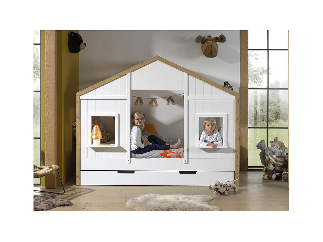 PONGO - Lit Maison 90x200cm Blanc et Pin à 2 Fenêtres + Tiroir