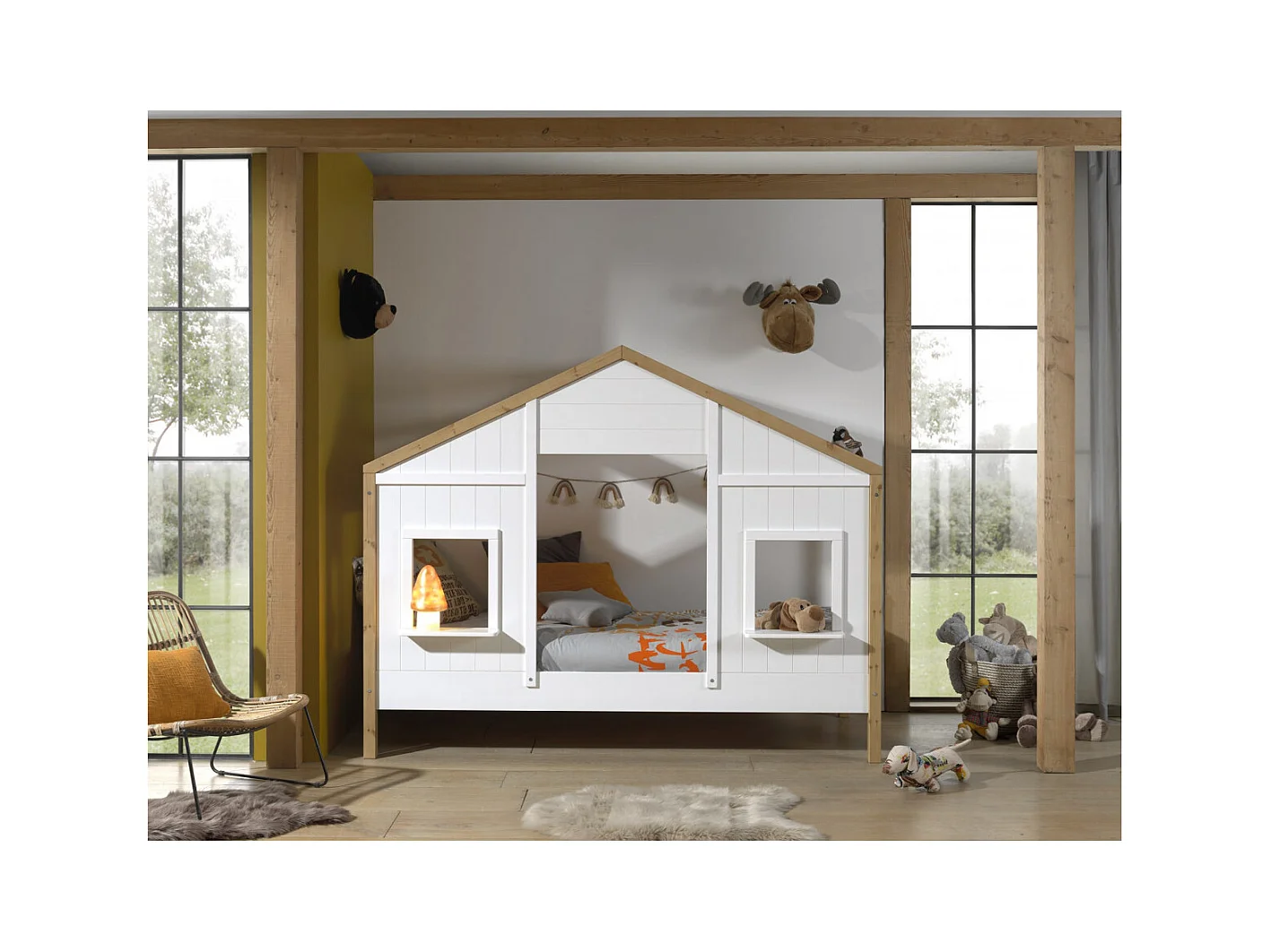 PONGO - Lit Maison 90x200cm Blanc et Pin à 2 Fenêtres + Tiroir