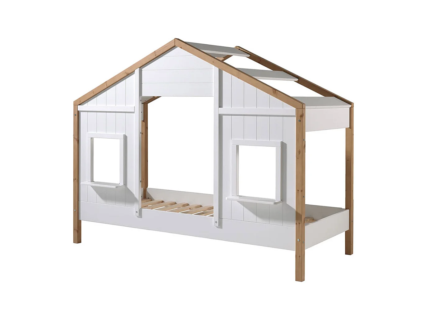 PONGO - Lit Maison 90x200cm Blanc et Pin à 2 Fenêtres + Tiroir