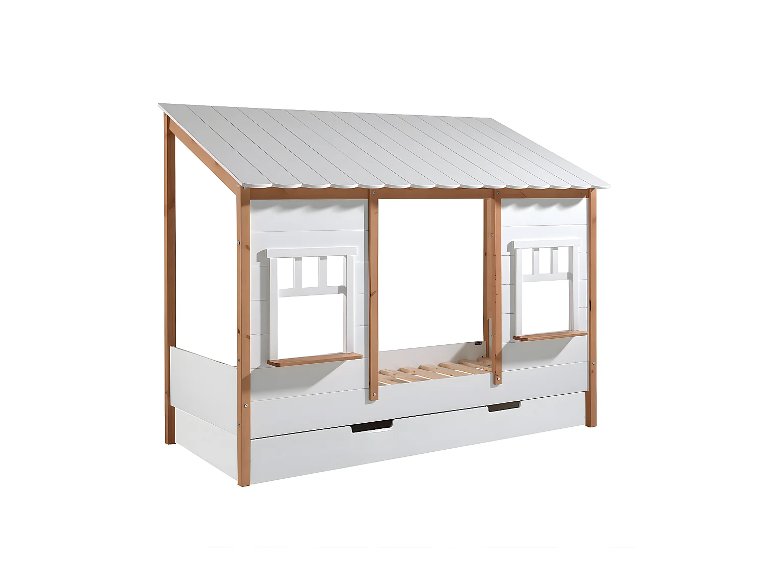 LAKA - Lit Maison 90x200cm Blanc et Pin Naturel avec Tiroir