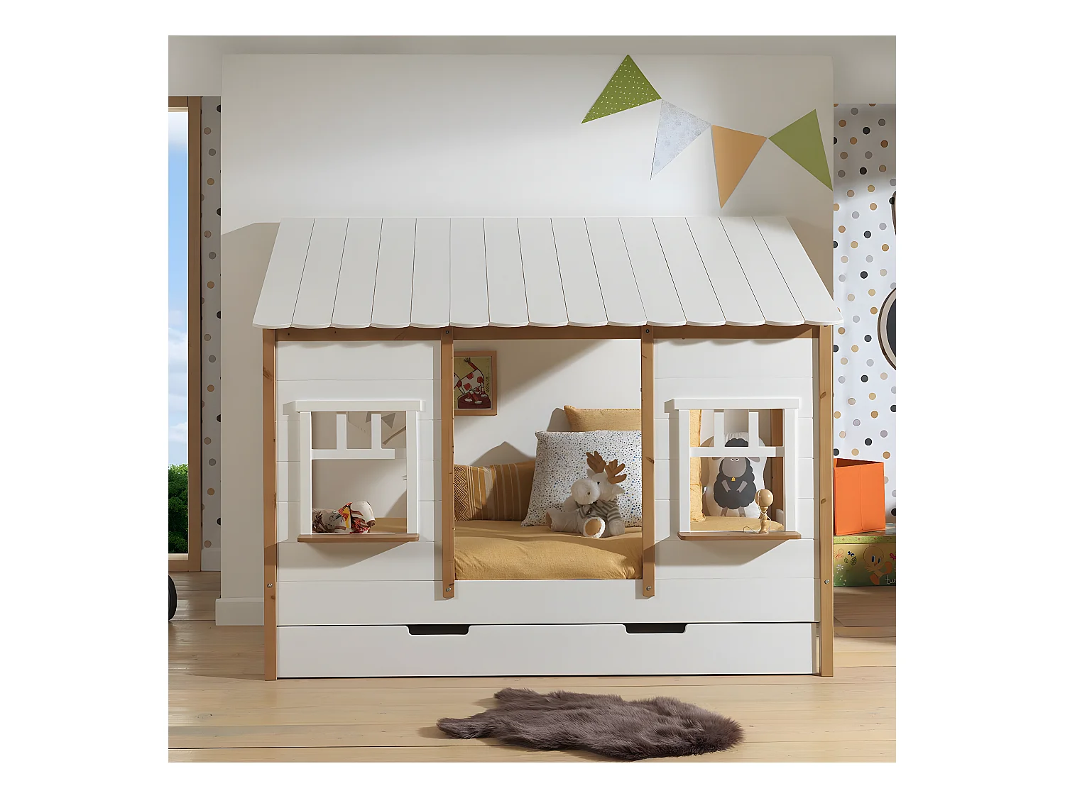 LAKA - Lit Maison 90x200cm Blanc et Pin Naturel avec Tiroir