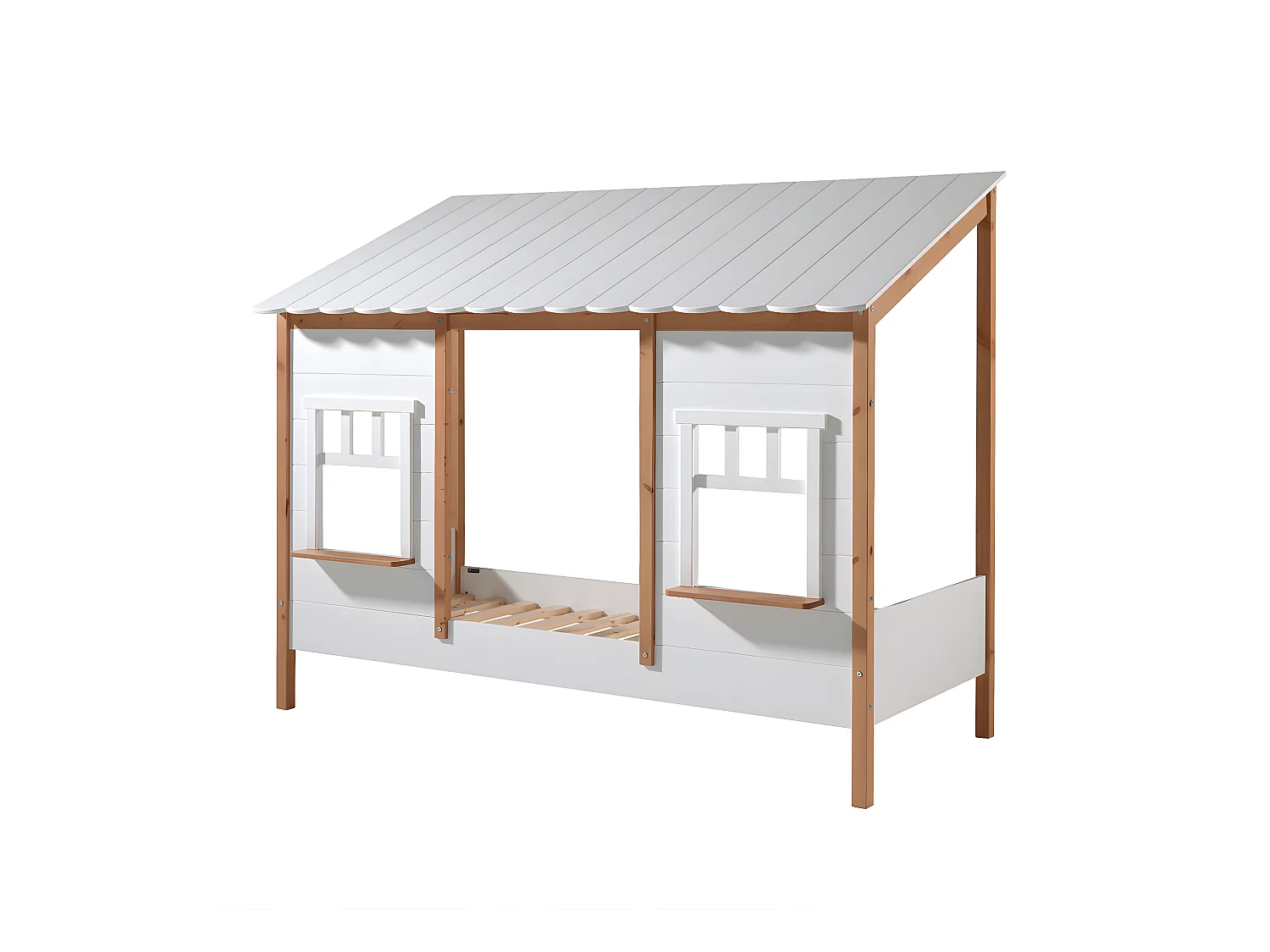 LAKA - Lit Maison 90x200cm Blanc et Pin Naturel avec Tiroir