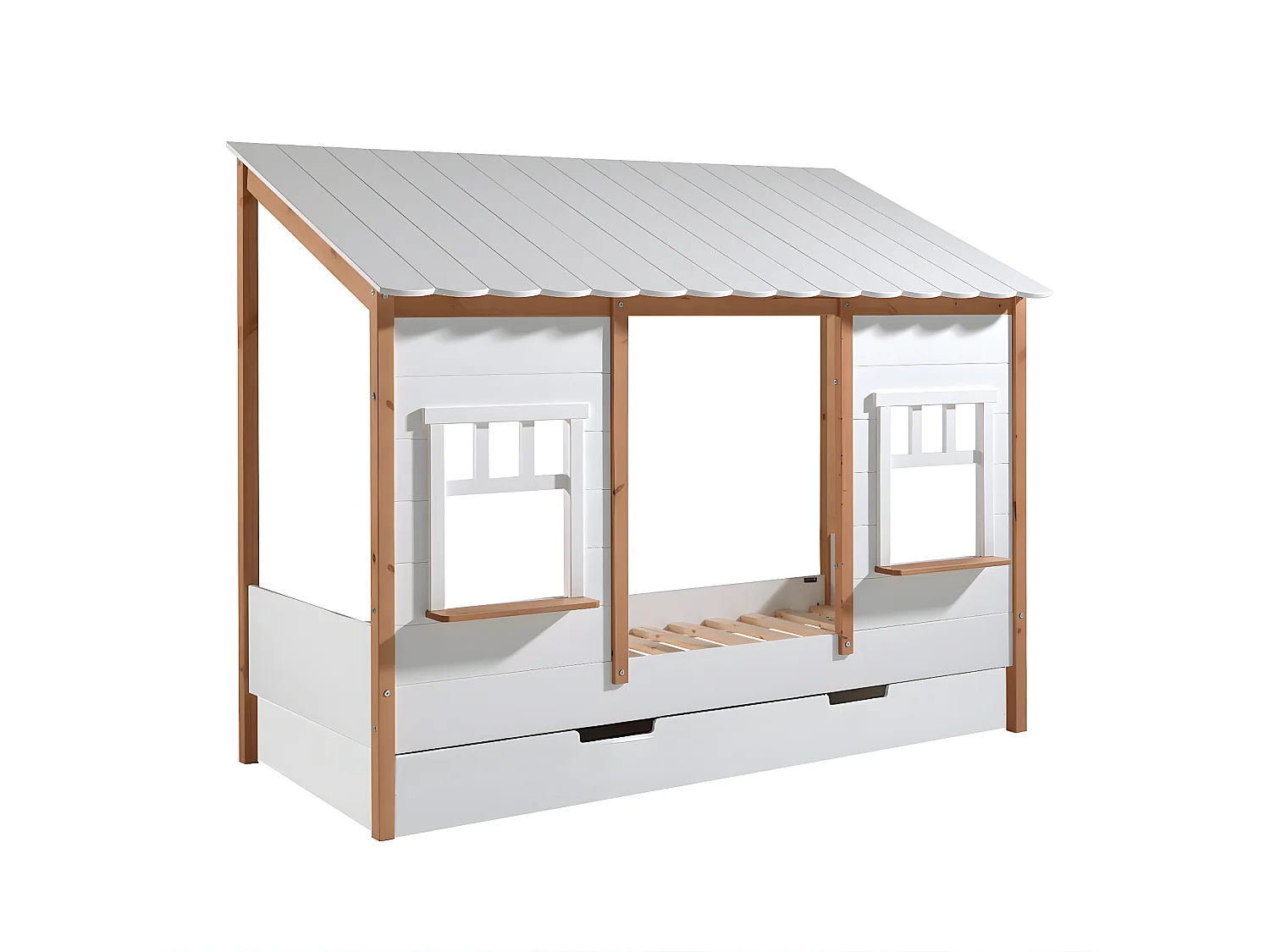 LAKA - Lit Maison 90x200cm Blanc et Pin Naturel avec Tiroir