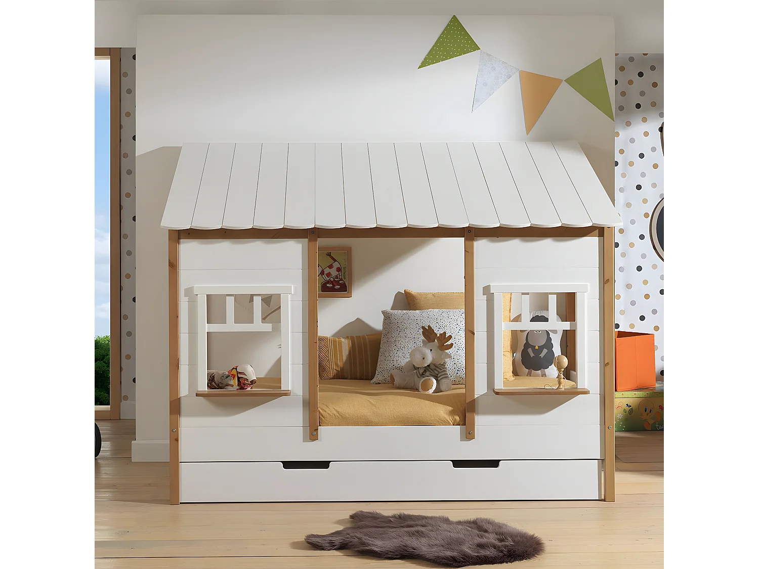 LAKA - Lit Maison 90x200cm Blanc et Pin Naturel avec Tiroir