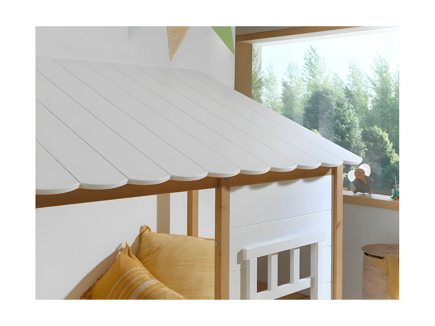 LAKA - Lit Maison 90x200cm Blanc et Pin Naturel avec Tiroir