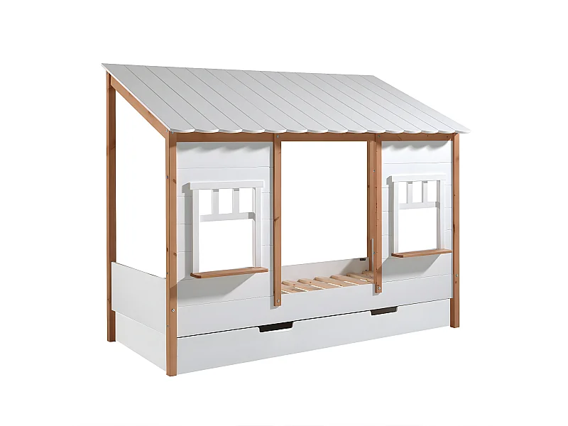 LAKA - Lit Maison 90x200cm Blanc et Pin Naturel avec Tiroir