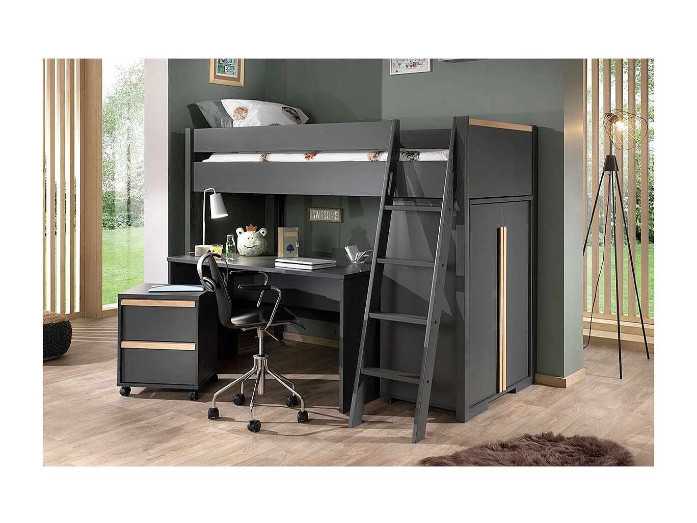 NASH DARK - Pack Combiné Lit Mezzanine 90x200cm + Pack Bureau Complet