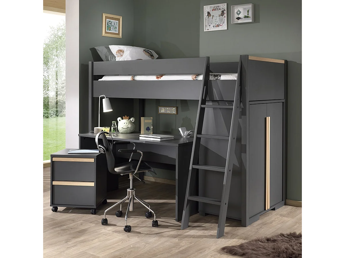 NASH DARK - Pack Combiné Lit Mezzanine 90x200cm + Pack Bureau Complet