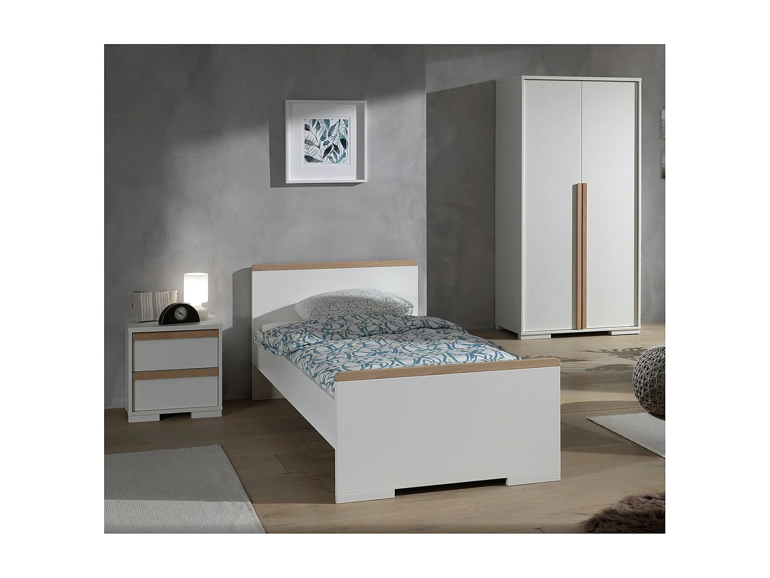 NASH WHITE - Lit 90x200cm + Chevet + Armoire 2 Portes