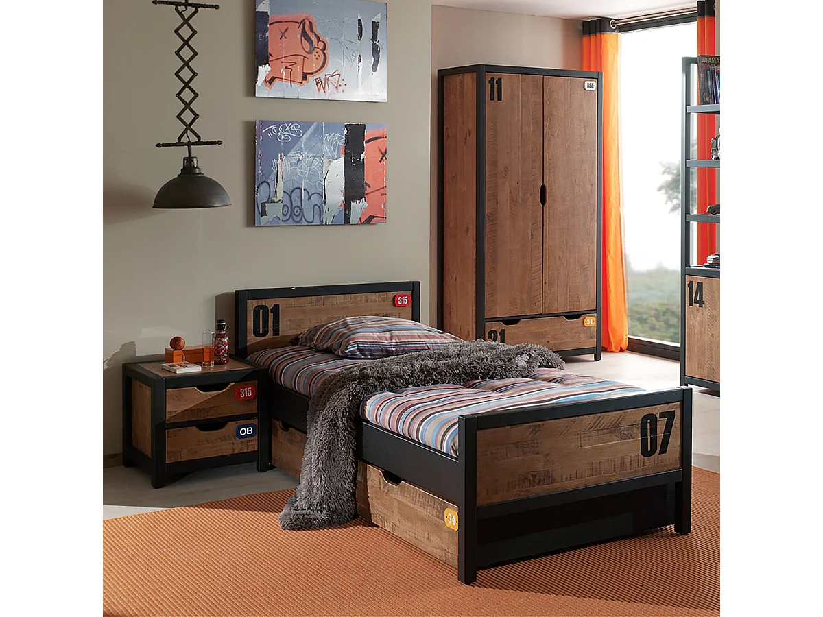 TCHAD - Chambre 90x200cm avec Armoire 2 Portes en Pin Massif
