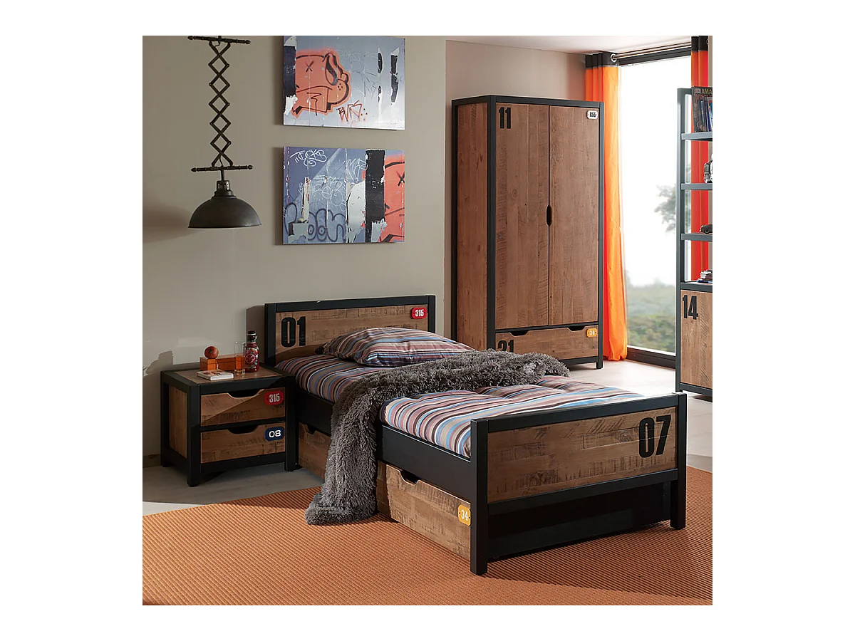 TCHAD - Chambre 90x200cm avec Armoire 3 Portes en Pin Massif