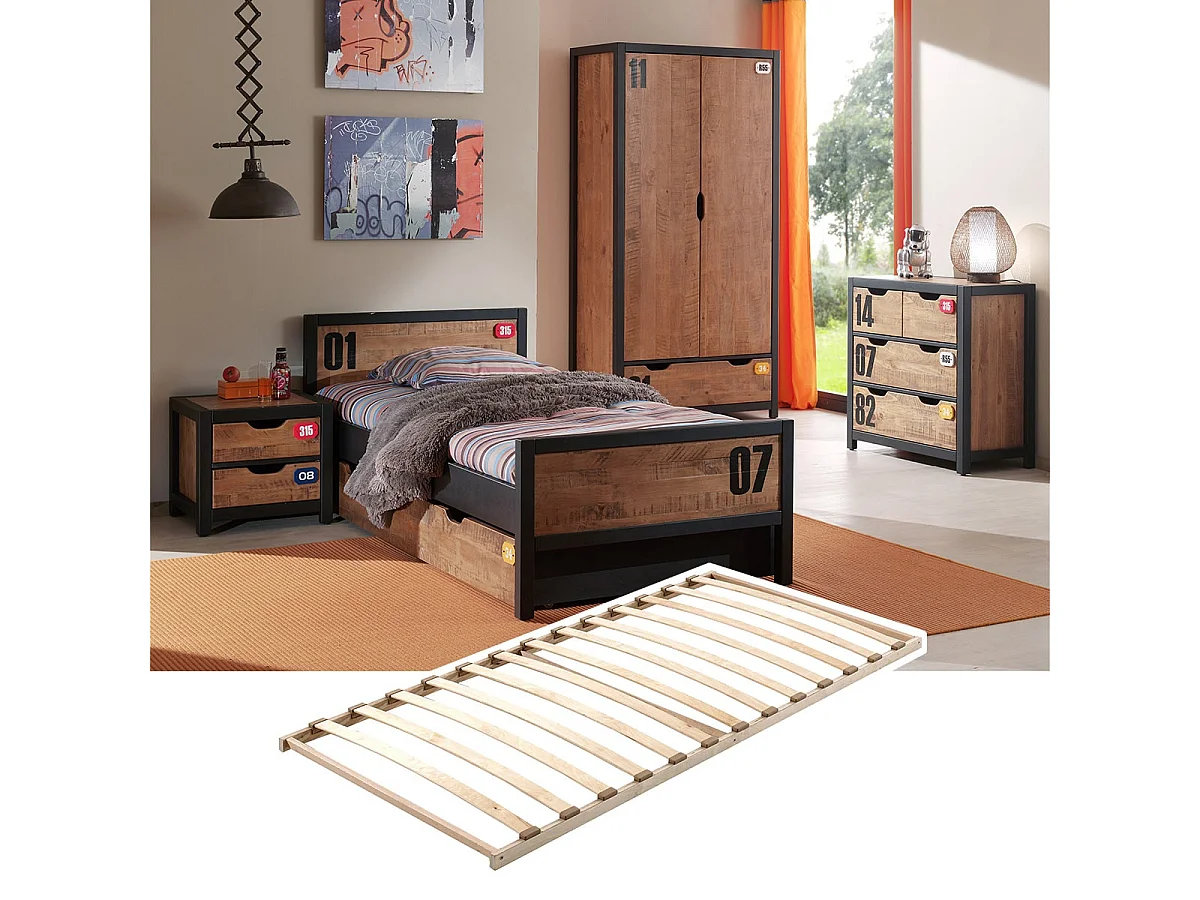 TCHAD - Chambre Complète 90x200cm et Sommier + Armoire 2P