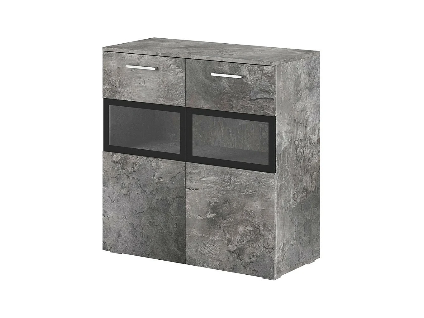 Buffet de 90cm para sala de estar com 2 portas de vidro e LED integrado, cor efeito ardósia, coleção CONNOR.