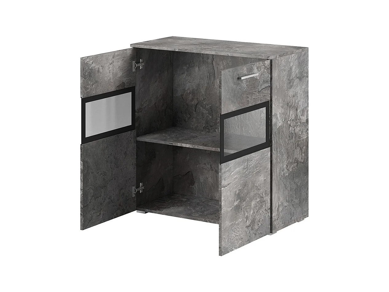 Buffet de 90cm para sala de estar com 2 portas de vidro e LED integrado, cor efeito ardósia, coleção CONNOR.