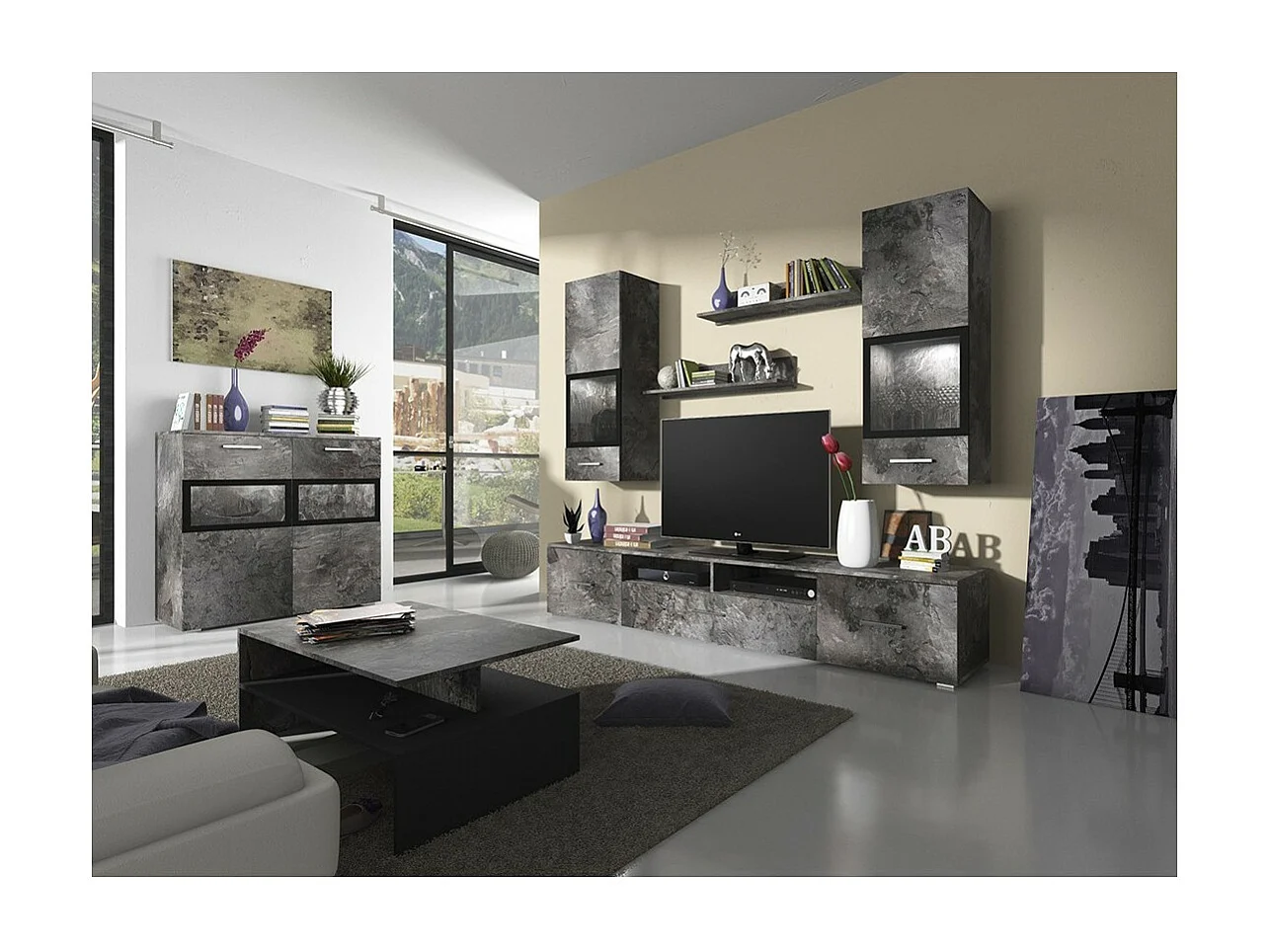 Buffet CONOR 2 portes vitrée avec LED - Effet ardoise - 91 x 92 x 39 cm