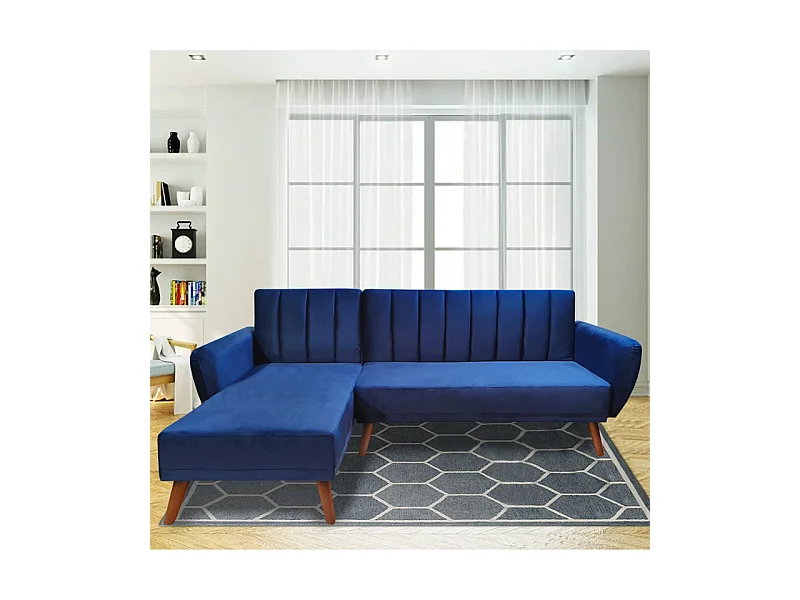 Canapé angle réversible convertible velours bleu pieds bois - URSULE