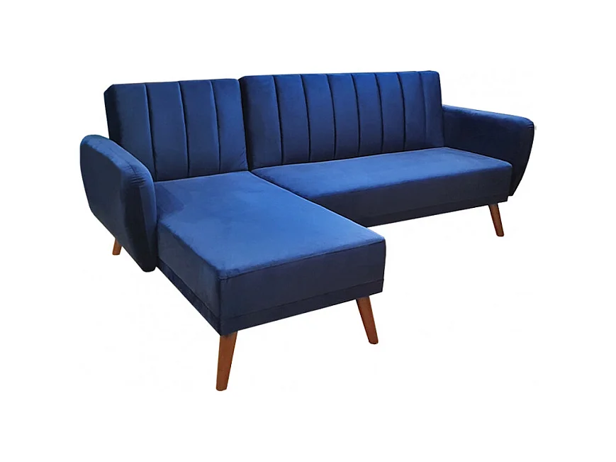Canapé angle réversible convertible velours bleu pieds bois - URSULE