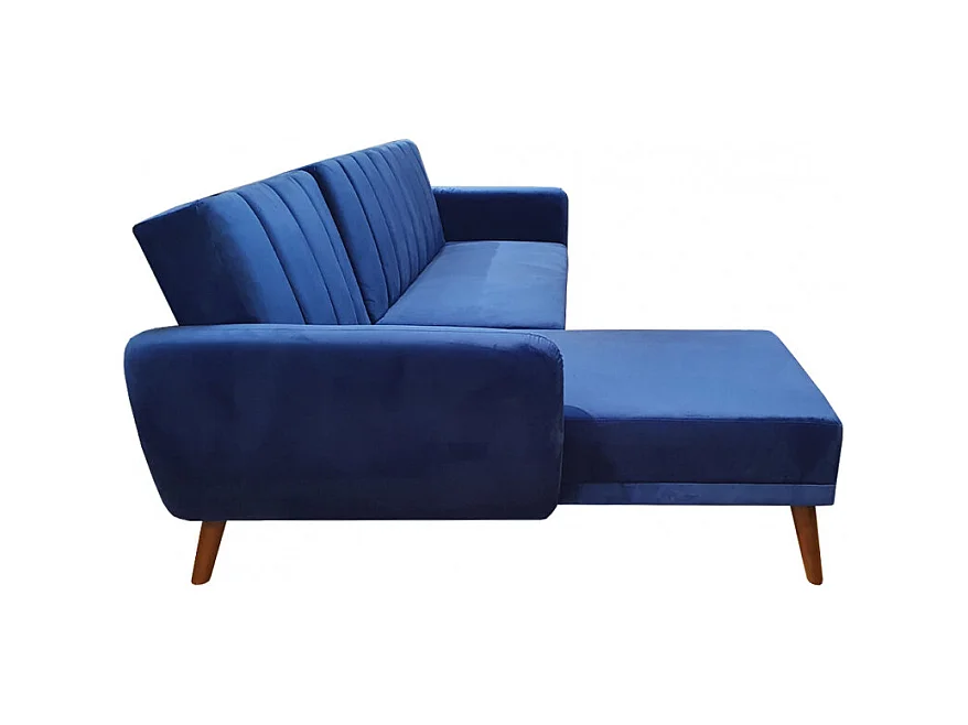 Canapé angle réversible convertible velours bleu pieds bois - URSULE