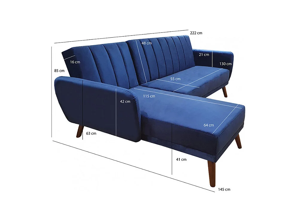 Canapé angle réversible convertible velours bleu pieds bois - URSULE