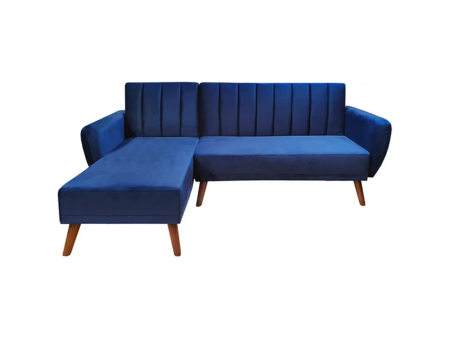 Canapé angle réversible convertible velours bleu pieds bois - URSULE