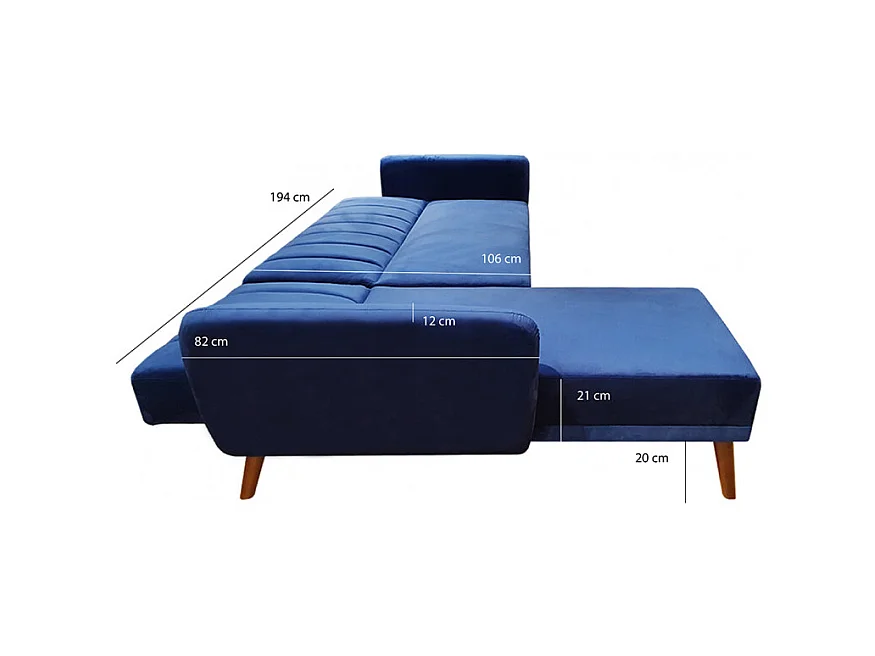 Canapé angle réversible convertible velours bleu pieds bois - URSULE