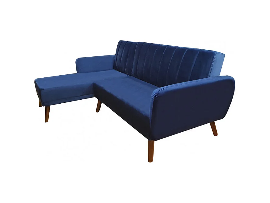 Canapé angle réversible convertible velours bleu pieds bois - URSULE