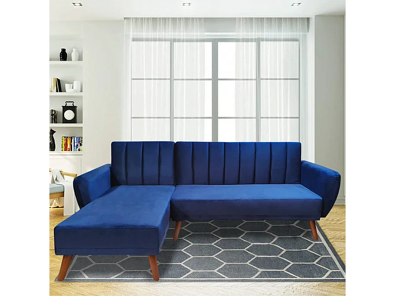 Canapé angle réversible convertible velours bleu pieds bois - URSULE