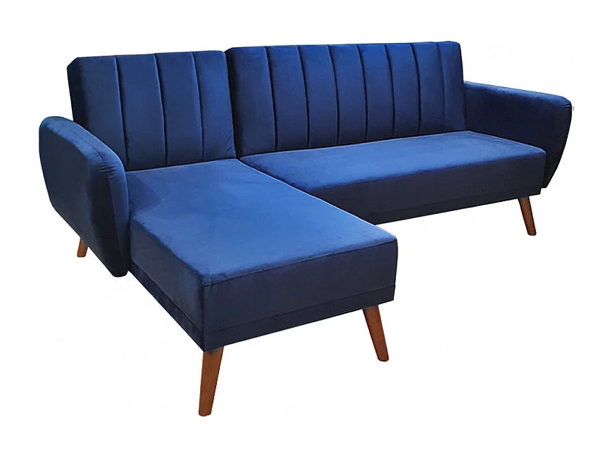 Canapé angle réversible convertible velours bleu pieds bois - URSULE