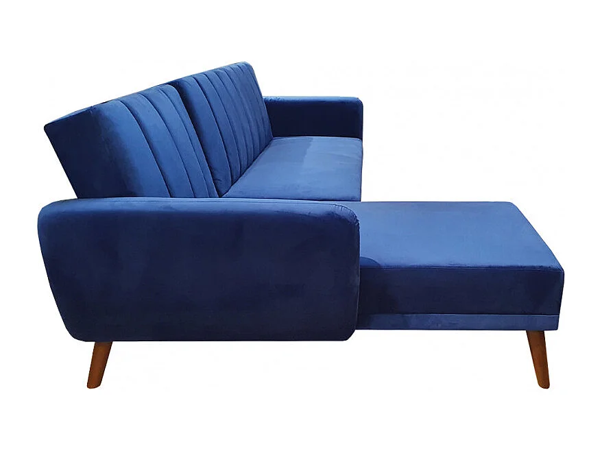 Canapé angle réversible convertible velours bleu pieds bois - URSULE