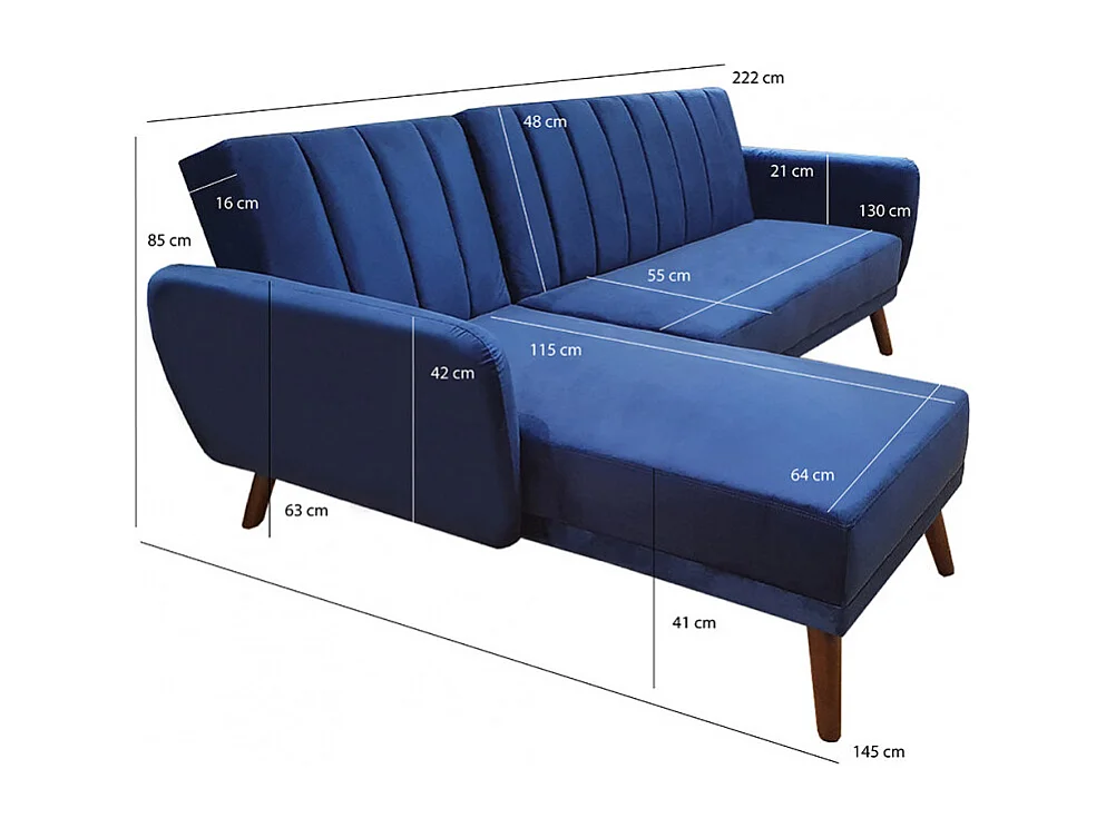 Canapé angle réversible convertible velours bleu pieds bois - URSULE