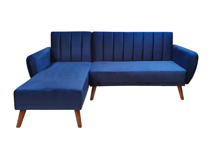 Canapé angle réversible convertible velours bleu pieds bois - URSULE